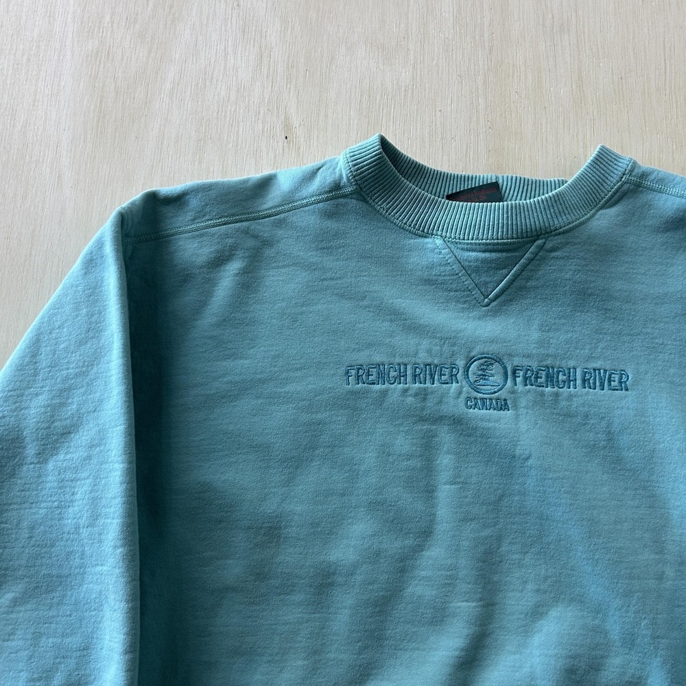 Vintage Thunderbird Sweatshirt Mens Large Blue Fleece French River Canada Logo